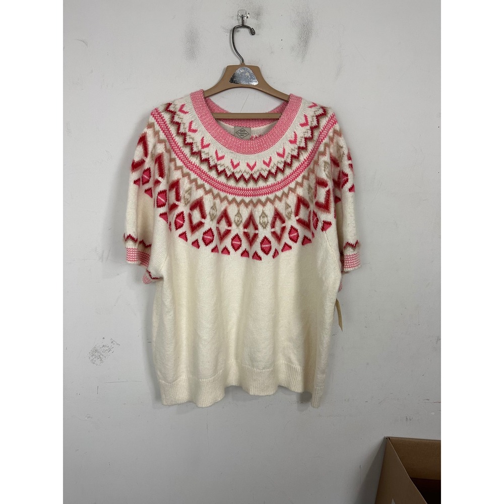 St. John's Bay Women 3X Ivory Pink Fair Isle Short Sleeve Sweater NWT